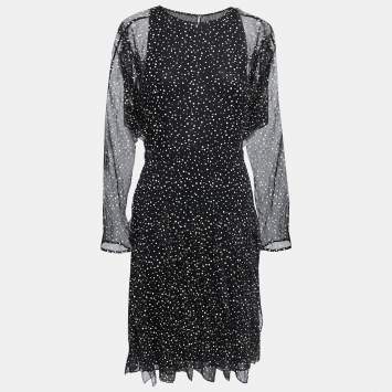 Pre Owned Gucci Black Dotted Silk Chiffon Ruffled Short Dress L