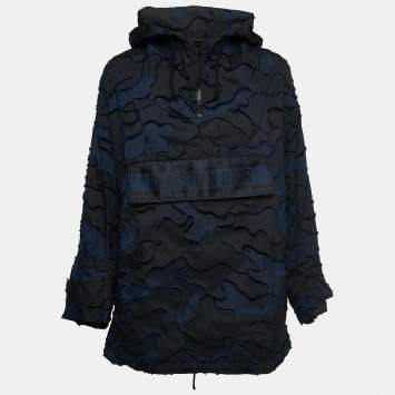 Pre Owned Dior Navy Blue/Black Synthetic Logo Patterned Hooded Jacket XS