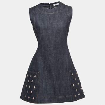 Pre Owned Christian Dior Blue Denim Embellished Sleeveless Short Dress M