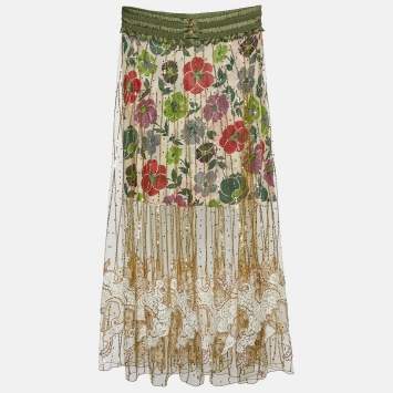 Pre Owned Christian Dior Gold Tulle & Multicolor Floral Printed Silk Lined Maxi Skirt M