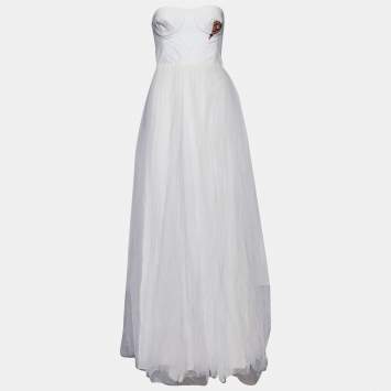 مملوكة مسبقًا Christian Dior White Silk Bustier Heart Embroidered Bustier Tulle Gown S