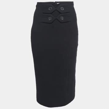 Pre Owned Christian Dior Black Wool Button Embellished Pencil Skirt S