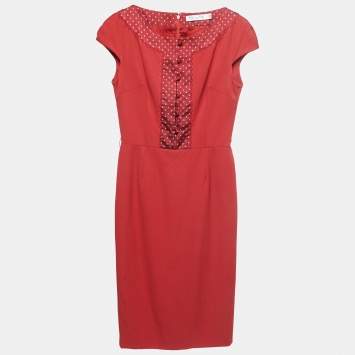 Pre Owned Dior Red Wool Cap Sleeved Midi Shift Dress S