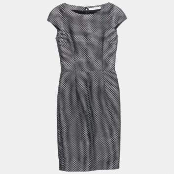 Pre Owned Dior Black Patterned Silk Cap Sleeved Midi Dress M