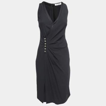 Pre Owned Dior Black Crepe Embellished Button Detail Sleeveless Draped Midi Dress M