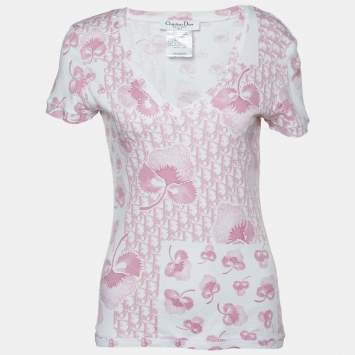 Pre Owned Christian Dior Boutique White & Pink Trotter Monogram Printed Cotton Knit V-Neck T-Shirt L