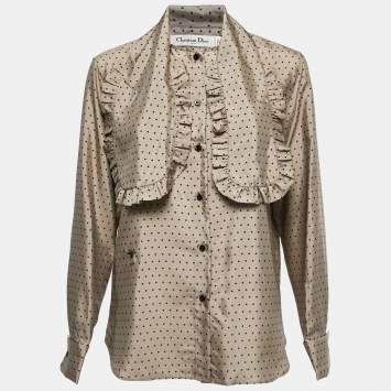 مملوكة مسبقًا Dior Beige Polka Dotted Silk Frilled Ascot Shirt Blouse M
