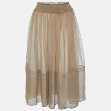 Pre Owned Dior Beige Mesh Elasticized Waist Midi Skirt M