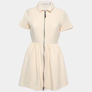 Pre Owned Dior Cream Wool Blend Zip Front Short Shirt Dress M