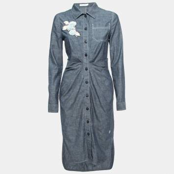 Pre Owned Dior Blue Denim Floral Embellished Pleated Midi Dress M