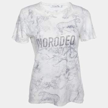مملوكة مسبقًا Dior Off White Diorodeo Jungle Print Cotton Linen T-Shirt XS