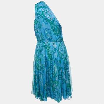 Christian Dior Blue Paisley Printed One Shoulder Mini Dress L
