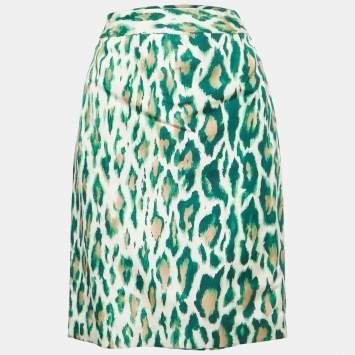 Pre Owned Christian Dior Green Animal Print Silk Pencil Skirt S