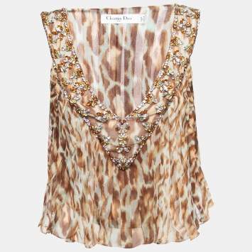 Pre Owned Christian Dior Brown Animal Printed Chiffon Embellished Top M