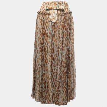 Pre Owned Christian Dior Brown Animal Printed Chiffon Bow Maxi Skirt M
