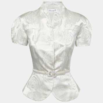 Pre Owned Christian Dior Silver Silk Blend Belted Button Front Top M