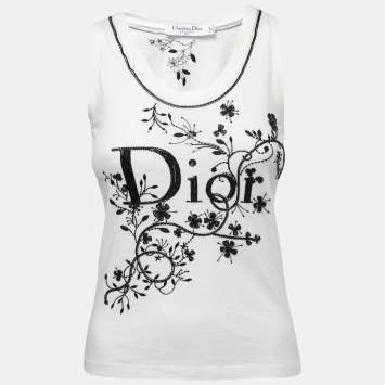 Pre Owned Christian Dior Boutique White Embellished Cotton Knit Tank Top S