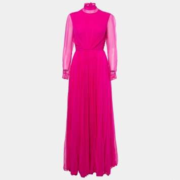 Pre Owned Christian Dior Pink Chiffon Pleated Gown M