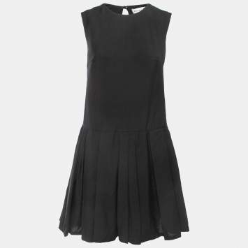 Christian Dior Black Wool Drop-Waist Pleated Sleeveless Mini Dress M
