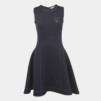 Pre Owned Christian Dior Navy Blue Wool-Blend Crest Detail Sleeveless Dress M