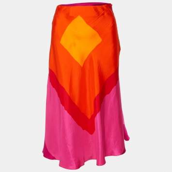 Pre Owned Christian Dior Multicolor Printed Silk Satin Midi Skirt L