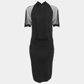 Dior Black Wool Blend High Neck Silk Sleeved Midi Dress XL