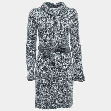 Pre Owned Christian Dior Black/White Wool Blend Belted Coat M