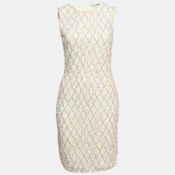 Pre Owned Christian Dior Off-White Sequined Lace Sleeveless Short Dress M