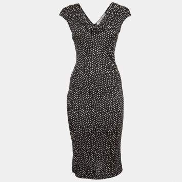 Pre Owned Dior Black Dotted Silk Knit Sleeveless Cowl Neck Midi Dress S