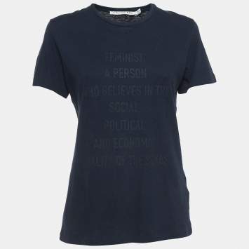 Christian Dior Navy Blue Feminist Print Cotton Blend Half Sleeve T-Shirt S