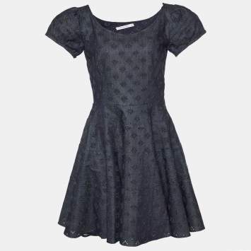 Pre Owned Dior Dark Blue Embroidered Denim Flared Dress L