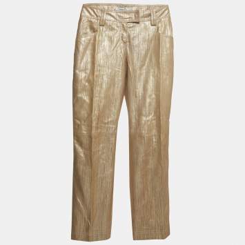Pre Owned Christian Dior Boutique Gold Printed Leather Straight Pants M 