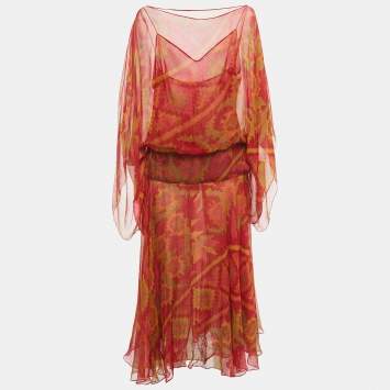 Pre Owned Christian Dior Boutique Red Printed Silk Kimono Sleeve Maxi Dress M