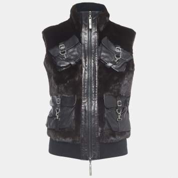 Pre Owned Christian Dior Boutique Black Fur and Leather Sleeveless Zipper Jacket M