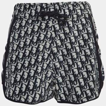 Pre Owned Christian Dior Navy Blue Logo Print Cotton Knit Drawstring Shorts XS