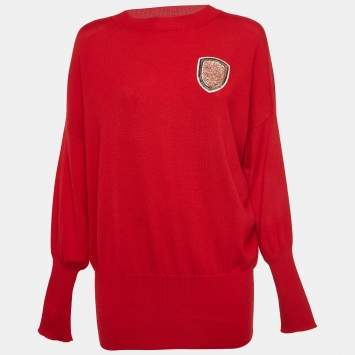 Pre Owned Dior Red Wool and Cashmere Crystal Applique Knit Crew Neck Jumper M