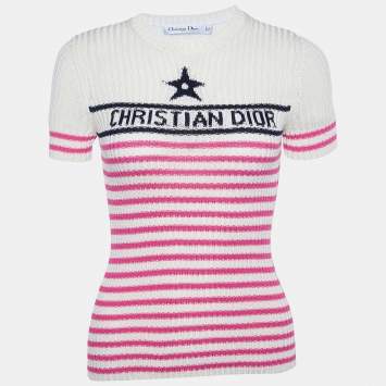 Pre Owned Dior Ivory Logo Striped Cotton Knit Crew Neck Jumper S