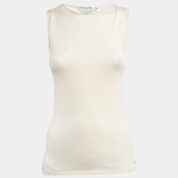 Pre Owned Christian Dior Cream Cashmere Rib Knit Raw Edge Neck Tank Top M