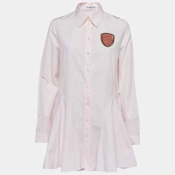 Pre Owned Christian Dior Pinstripe Cotton Beads Applique Flared Mini Shirt Dress L