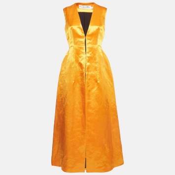 Pre Owned Dior Orange Satin High Slit Open Front Maxi Dress M