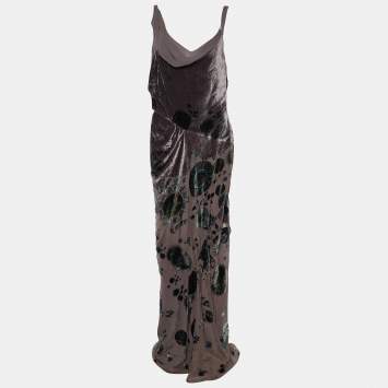 Pre Owned Dior Boutique Vintage Taupe Floral Devore Velvet Draped Dress L