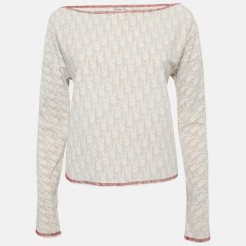 Pre Owned Christian Dior Boutique Beige Monogram Knit Long Sleeve Top M   