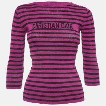 Pre Owned Christian Dior Pink Striped Rib Knit Top S