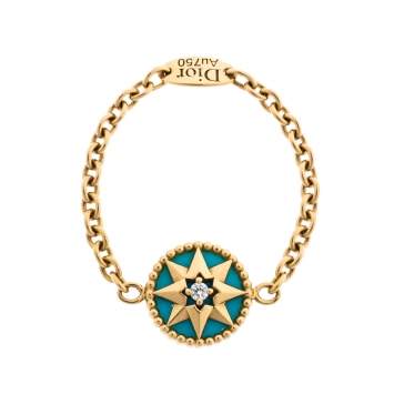 Pre Owned Dior XS Rose Des Vents Diamond Turquoise 18K Yellow Gold Chain Ring 48