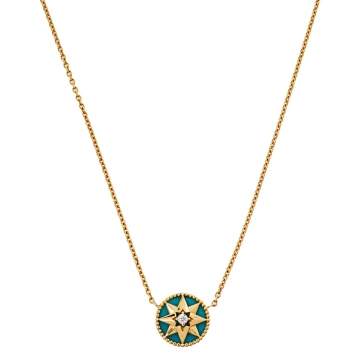 Pre Owned Dior Rose Des Vents Diamond Turquoise 18K Yellow Gold Pendant Necklace