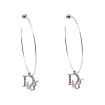 Pre Owned Dior Pink Crystal Logo Silver Tone Hoop Earrings
