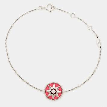 Pre Owned Dior Rose Des Vents Diamond Pink Ceramic Lacquer 18K White Gold Bracelet