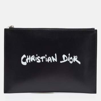 Pre Owned Dior Black Leather Logo Slim Pouch 