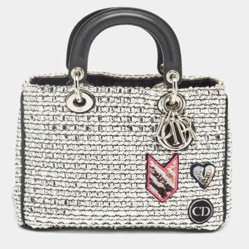 Pre Owned Dior Black/Silver Tweed and Leather Small Diorissimo Patch Tote