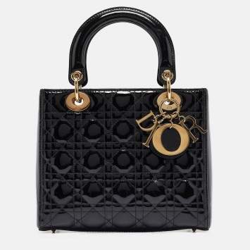 Pre Owned Dior Black Cannage Patent Leather Medium Lady Dior Tote